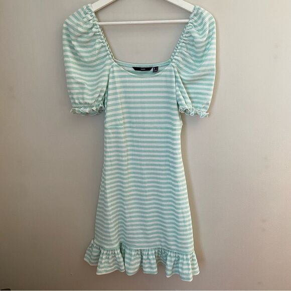 Vero Moda Dress Striped Mint Green White Ribbed Puff Sleeves Ruffle Edge Casual - Picture 1 of 10
